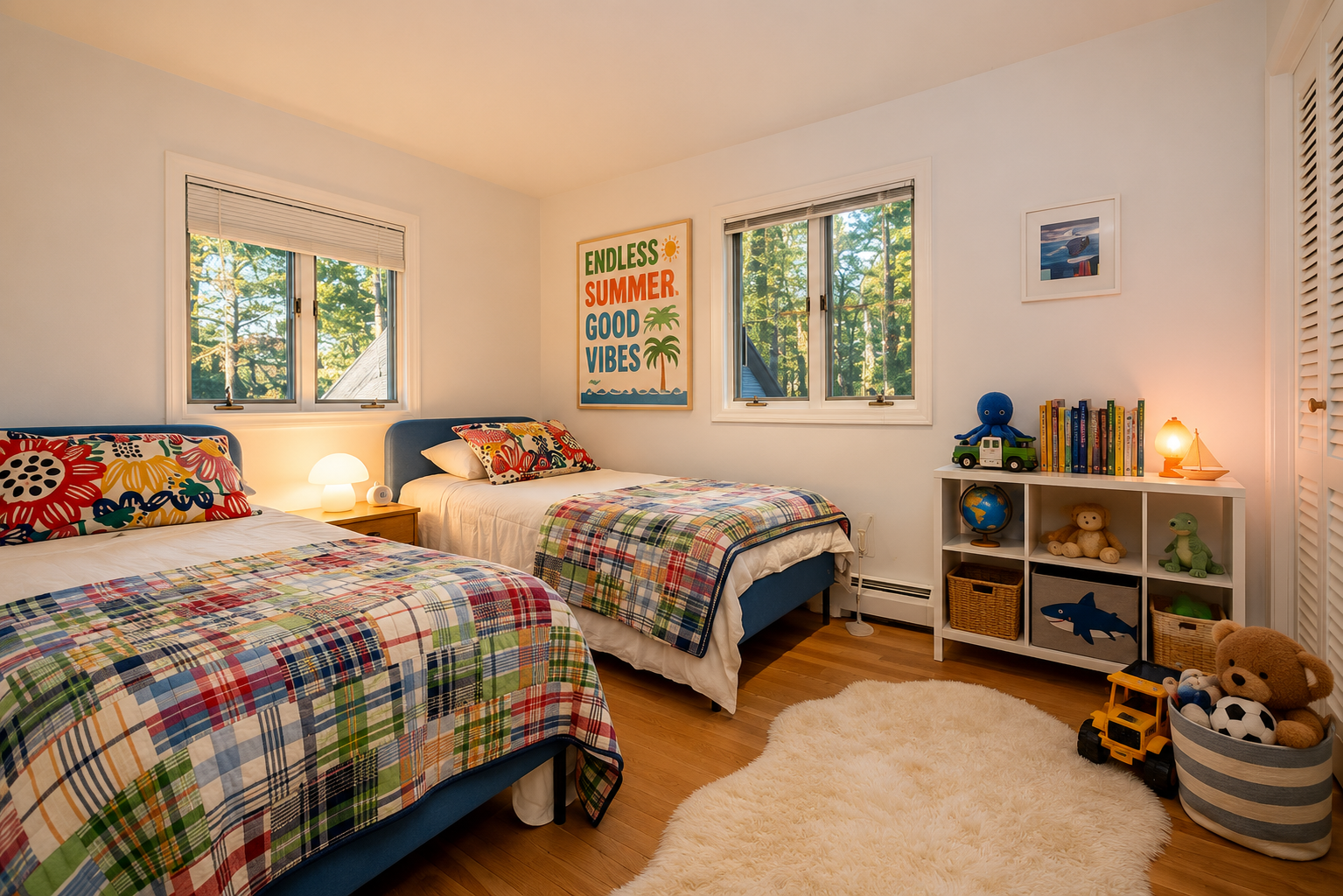 Third bedroom with two twin beds, colorful madras quilts and windows looking into tall pines.