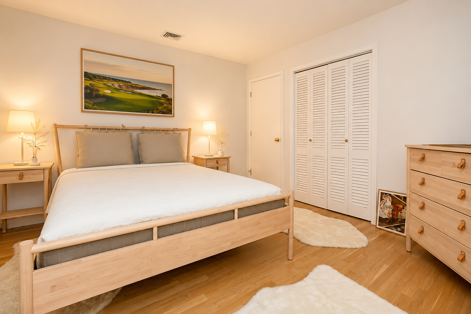 Guest bedroom with queen bed in warm maple frame, white walls and soft natural light.