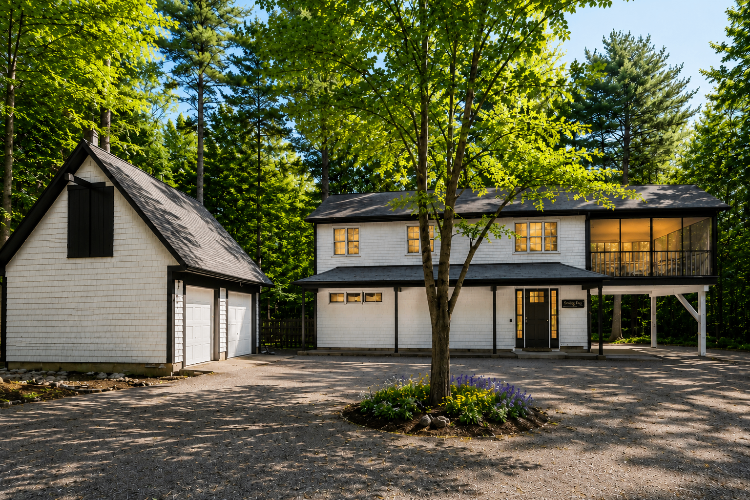 White clapboard home at 44 Register Road with black trim and two-car garage, set in tall pines in Piney Point, Marion, Massachusetts.