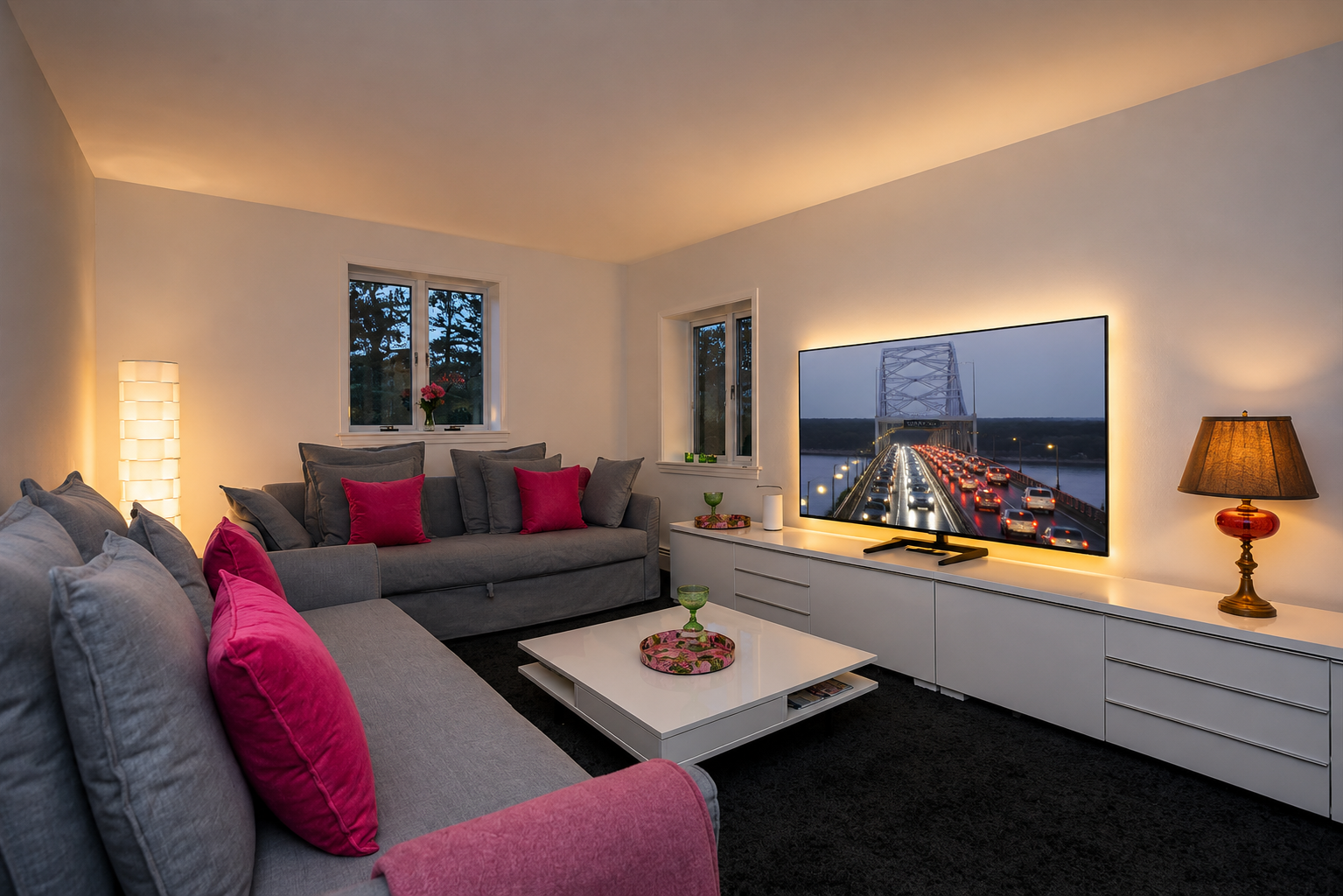 Cozy TV room with a gray sectional, pink accent pillows, ambient lighting and a large screen.