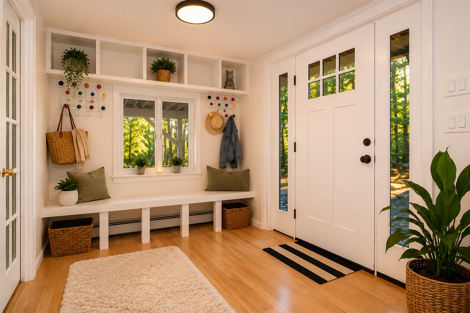 Bright mudroom entry with white shiplap walls, wood bench, and hardwood floors.