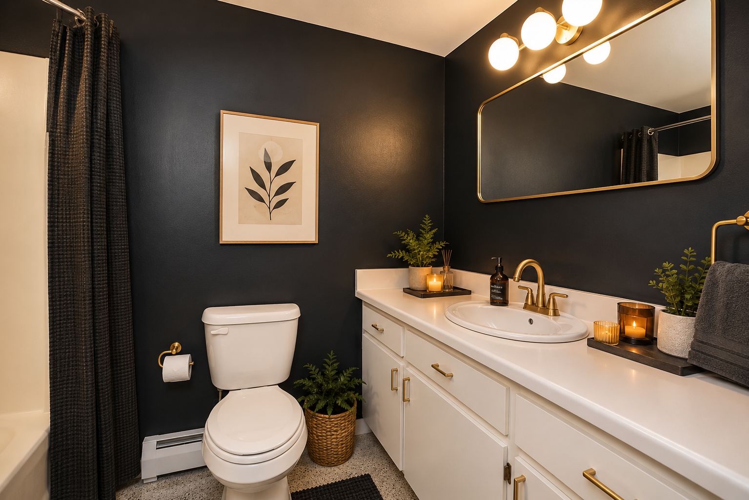 Second full bathroom with moody dark walls and modern fixtures.