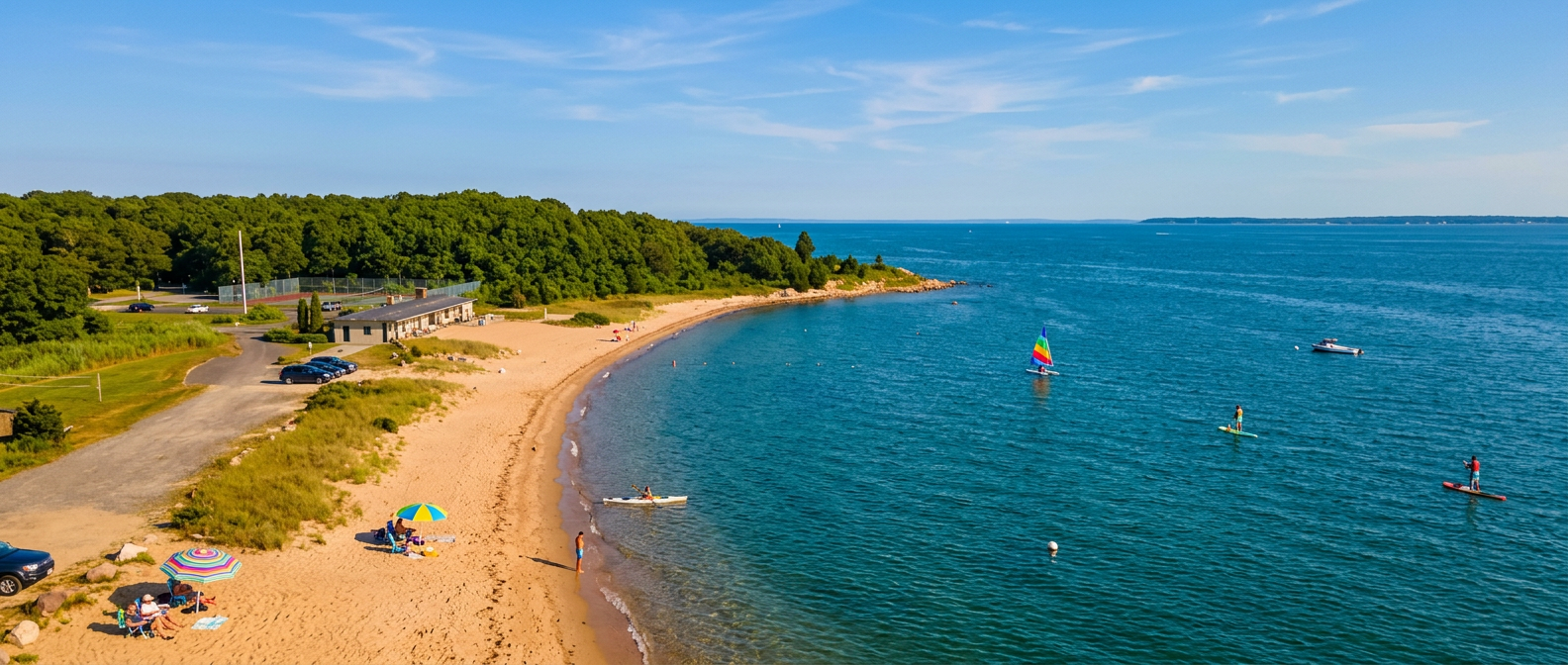 Aerial view of the private Piney Point Beach Club on Wings Cove, Marion Massachusetts