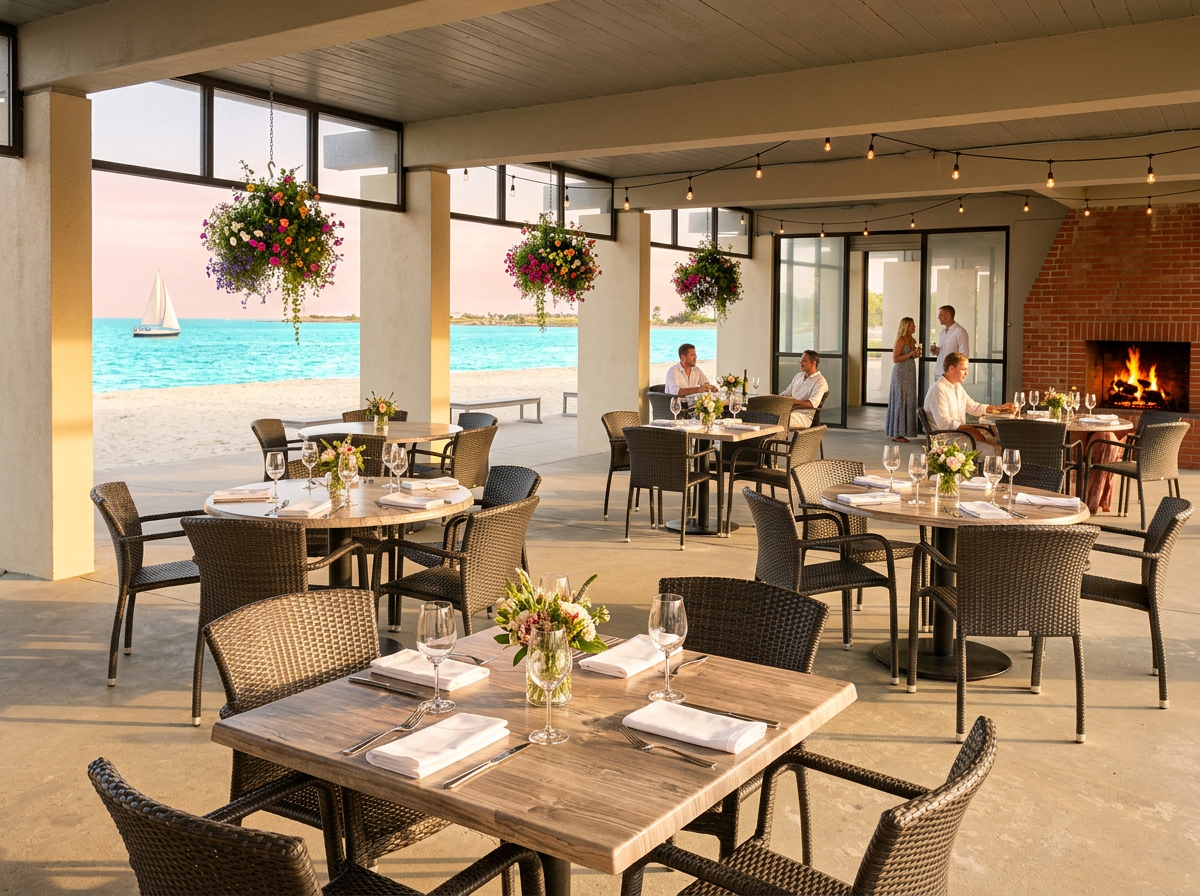 Piney Point Beach Club patio at golden hour with tables set, fireplace lit, and Buzzards Bay in the distance