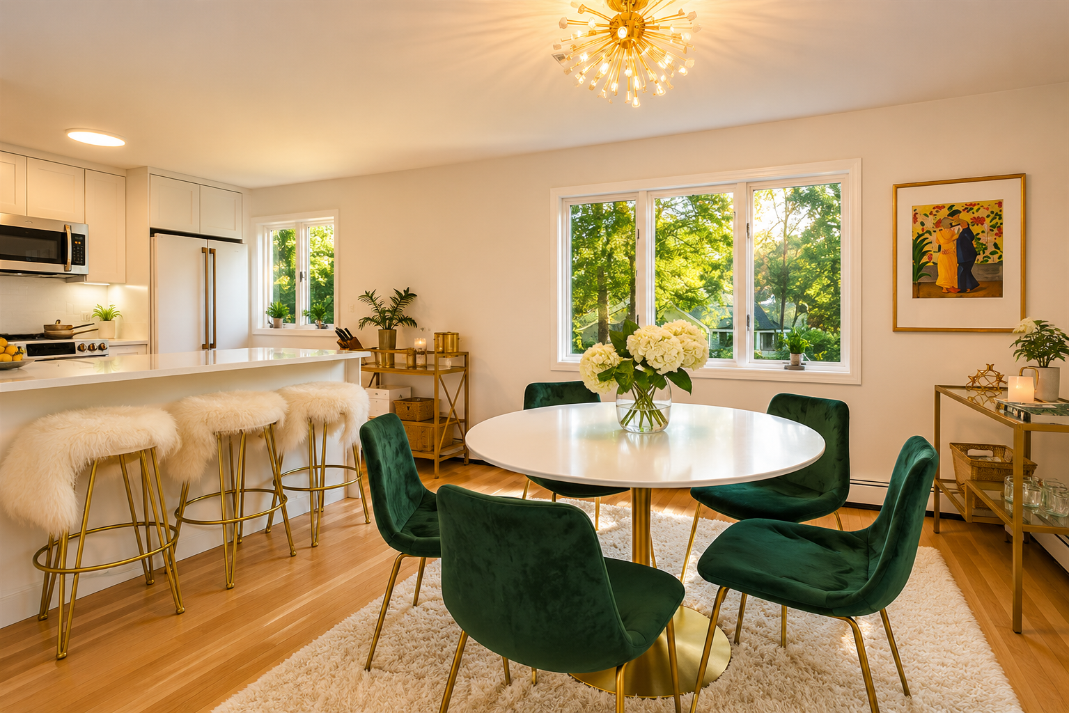 Dining nook with a round table framed by natural light and a soft coastal palette.